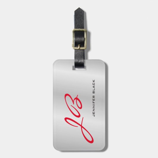 Monogramm Grau Rot Modernes Minimalistisch Gepäckanhänger (Vorderseite vertikal)