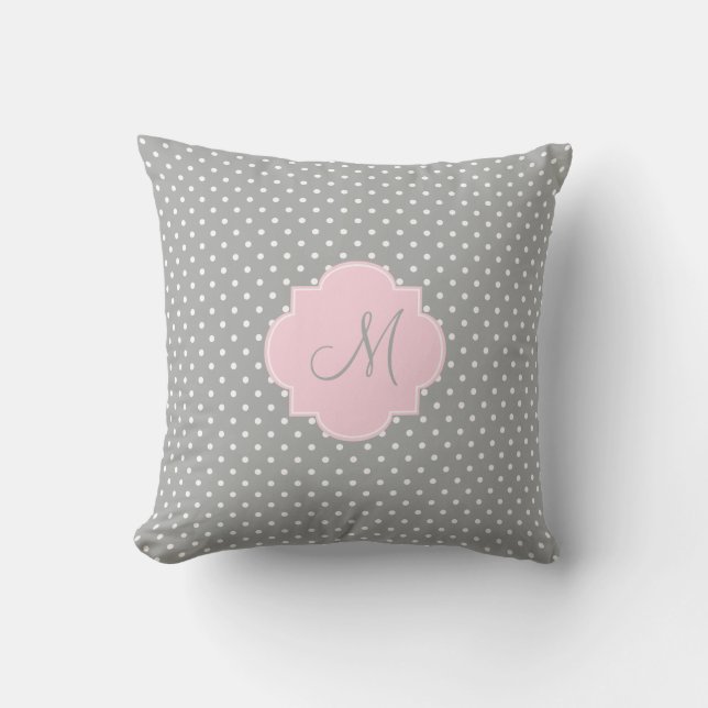 Monogramm, grau, weiß und pastellrosa Polka-Dot Kissen Für Draußen (Vorderseite)
