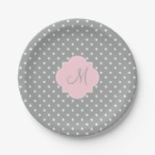 Monogramm, grau, weiß und pastellrosa Polka-Dot Pappteller (Vorderseite)
