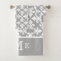 Monogramm Grau-weiße Fleur-de-lis | Bearbeitbar