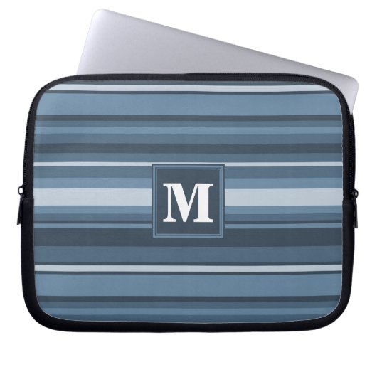 Monogramm graublaue Streifen Laptopschutzhülle (Vorderseite)