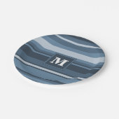 Monogramm graublaue Streifen Pappteller (Schrägansicht)