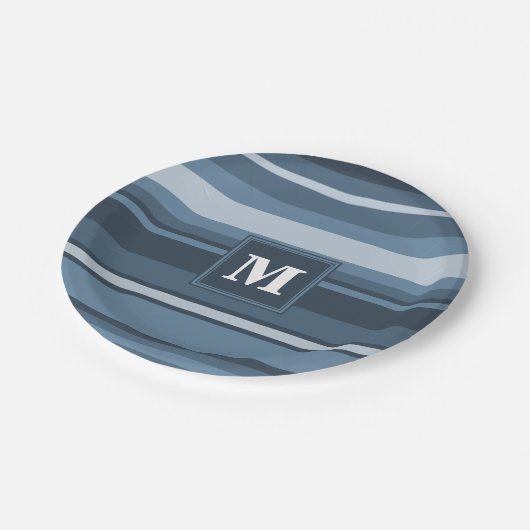 Monogramm graublaue Streifen Pappteller (Schrägansicht)
