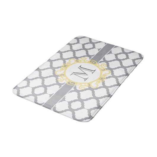 Monogramm Graue und Gelbe Quatrefolie Badematte (Schrägansicht)