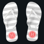 Monogramm graue und korallenvorbereitete Streifen Badesandalen<br><div class="desc">Maßgeschneiderte,  bedruckte Flop-Sandalen mit einem preppy-nautical-Stripe-Muster und einem eigenen Monogramm oder einem anderen Text in einem Circle-Rahmen. Klicken Sie auf Anpassen,  um Schriftart und Farben zu ändern oder eigene Bilder hinzuzufügen,  um ein einzigartiges Design zu erstellen!</div>