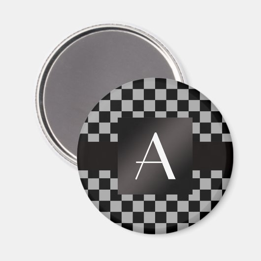 Monogramm, graue und schwarze Schachbrett Magnet (Vorderseite/Rückseite)