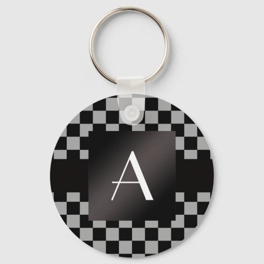 Monogramm, graue und schwarze Schachbrett Schlüsselanhänger (Vorderseite)