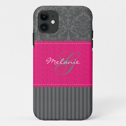 Monogramm-grauer rosa Damast-Streifen iPhone 5 Case-Mate iPhone Hülle (Rückseite)