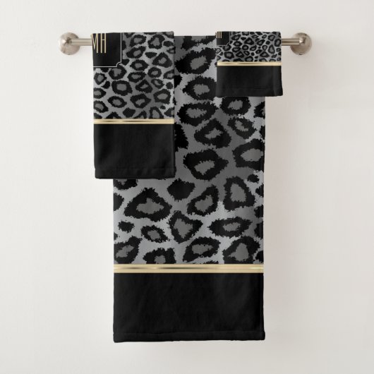 Monogramm Grauer und schwarzer Leopard mit Goldban Badhandtuch Set (Insitu)