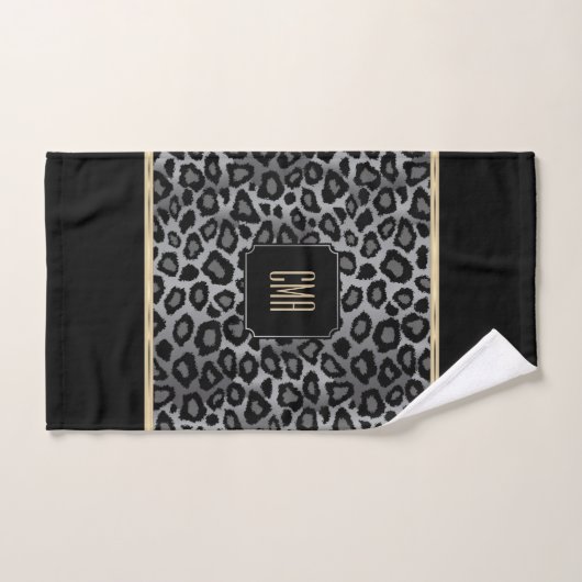 Monogramm Grauer und schwarzer Leopard mit Goldban Badhandtuch Set (Handtuch)