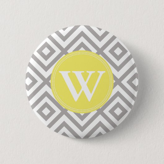 Monogramm-graues und gelbes Zickzack Muster Button (Vorderseite)