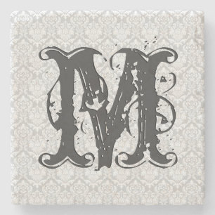 Monogramm Grautöne Vintage-Blumenmuster Steinuntersetzer