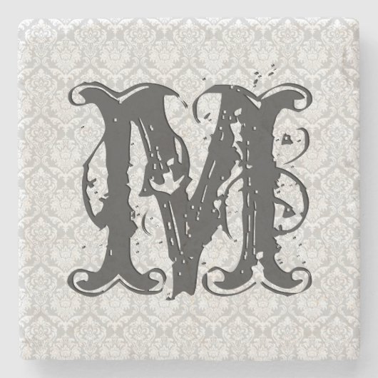 Monogramm Grautöne Vintage-Blumenmuster Steinuntersetzer (Vorderseite)