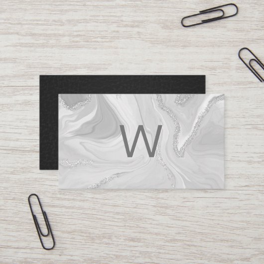 Monogramm | Gray Marble | Leather Business Card Visitenkarte (Vorderseite/Rückseite Beispiel)