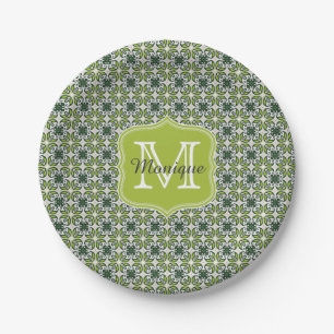 Monogramm Grün Blumen Muster Pappteller