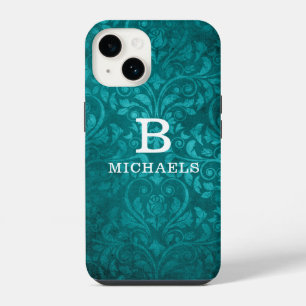 Monogramm Grün Damast Blumen Personalisierter Name iPhone 14 Hülle