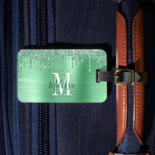 Monogramm Grün Glitter-Tropf Gebürstetes Metall Gepäckanhänger