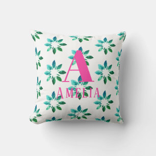 Monogramm Grün Hot Pink Retro Floral Wasserfarbe Kissen