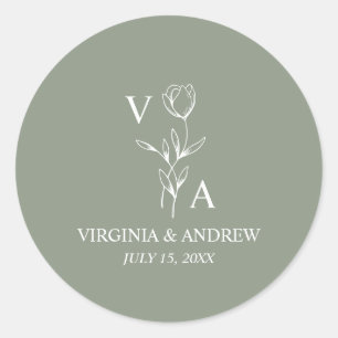 Monogramm Grün Minimalistischer Boho-Hochzeit Klas Runder Aufkleber