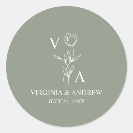 Monogramm Grün Minimalistischer Boho-Hochzeit Klas Runder Aufkleber (Vorderseite)