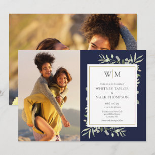 Monogramm Grün Navy Blau Foto Hochzeit Einladung