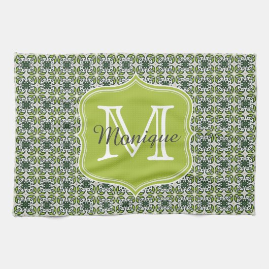 Monogramm Grüne Blumen Muster Geschirrtuch (Horizontal)
