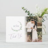 Monogramm grüne lila Beere Hochzeit Foto QR Code Dankeskarte (Stehend Vorderseite)