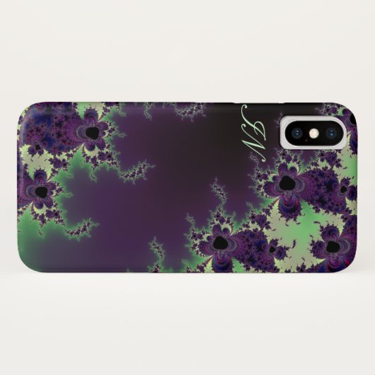 Monogramm-grüne lila Fraktal-Blume Case-Mate iPhone Hülle (Rückseite (Horizontal))