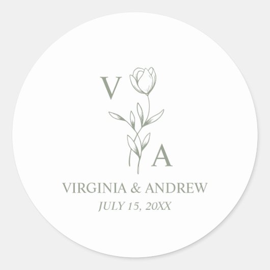 Monogramm Grüne Minimalistische Boho-Hochzeit Runder Aufkleber (Vorderseite)