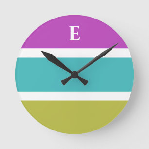 Monogramm grüner blauer Streifen Zeitgesteuerte Wa Runde Wanduhr