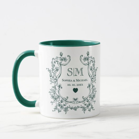 Monogramm Grüner Blumenkranz Hochzeit Tasse (Links)