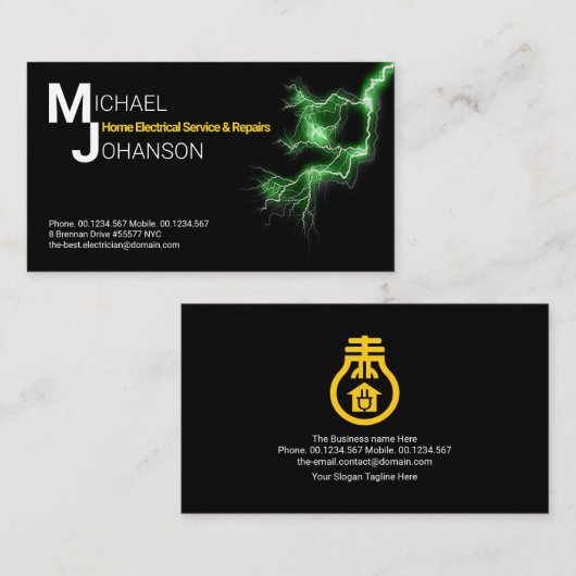 Monogramm grüner elektrischer Blitz Visitenkarte (Vorne/Hinten)