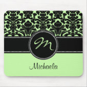Monogramm-grüner Schwarz-weißer Damast Mousepad (Vorne)