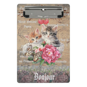 Monogramm Grunge Holz floral und Katzen Französisc Mini Klemmbrett