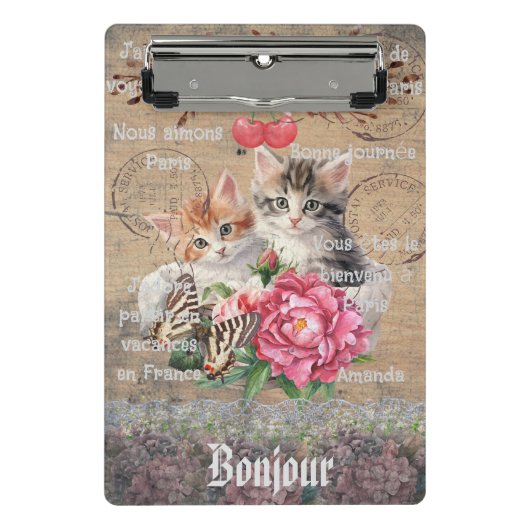 Monogramm Grunge Holz floral und Katzen Französisc Mini Klemmbrett (Vorderseite)