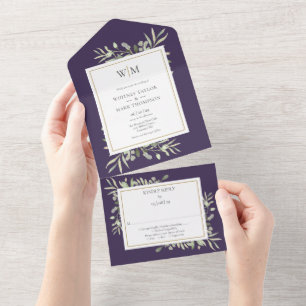Monogramm Grünzeug Foliage Lila Hochzeit All In One Einladung