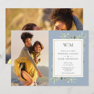 Monogramm Grünzeug Staubblau Foto-Hochzeit Einladung