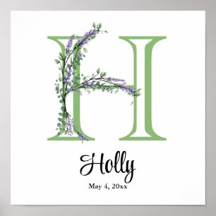 Monogramm H Lavendel-Eukalyptus-Kinderzimmerplakat Poster