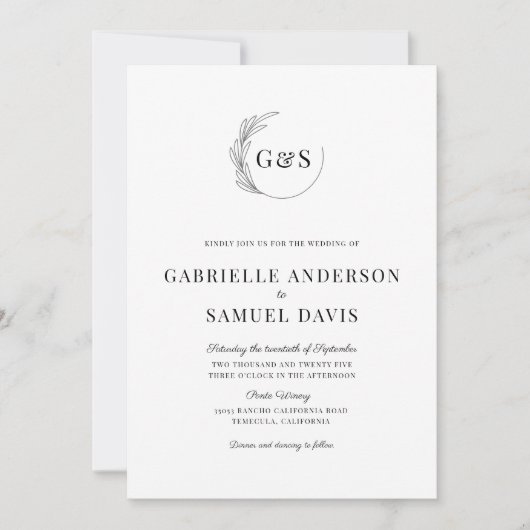 Monogramm Halbschaden Minimal Schwarz & Weiß Hochz Einladung (Vorderseite)