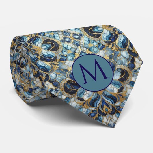 Monogramm-Halstuch aus Faux-Seide | Blau + Goldmar Krawatte (Gerollt)