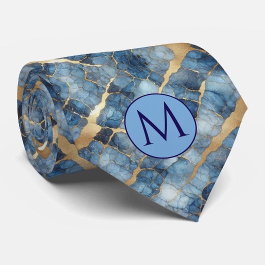 Monogramm-Halstuch aus Faux-Seide | Blau + Goldmar Krawatte (Gerollt)