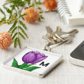 Monogramm handgemalte violette Tulpe Schlüsselanhänger (Seite)