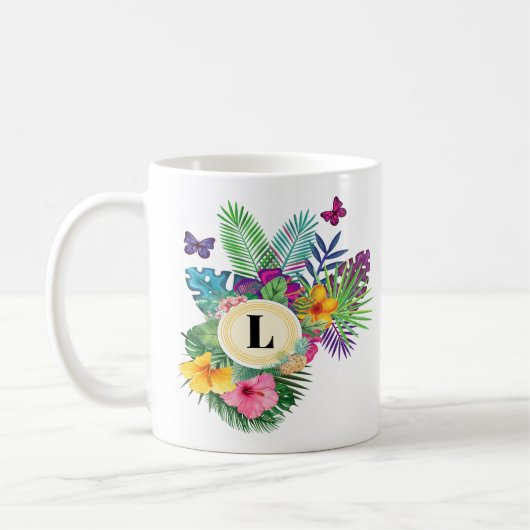Monogramm hawaiianische tropische Blume und Schmet Kaffeetasse (Links)