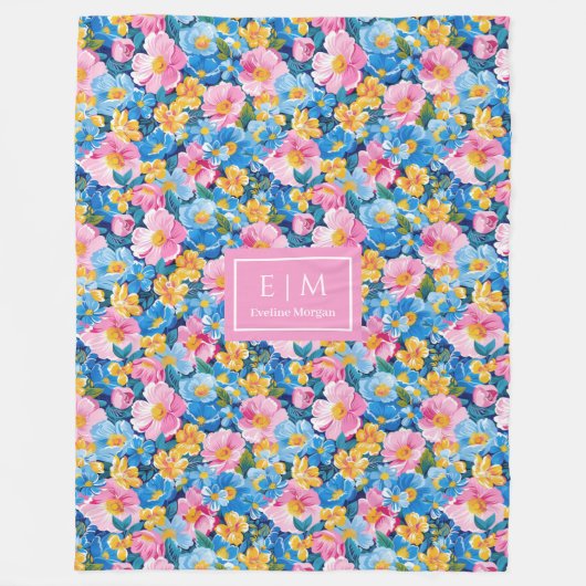 Monogramm heißrosa Aquarelltuch-Preppy-Blume Fleecedecke (Vorderseite)