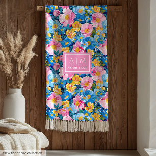 Monogramm heißrosa Aquarelltuch-Preppy-Blume Fleecedecke