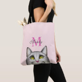 Monogramm heißrosa und grau auf rosa Katzenfläche Tasche (Von Nahem)