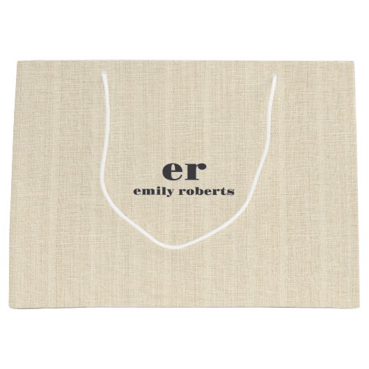 Monogramm Hellbeiger Jute Grau Typografie Große Geschenktüte (Vorderseite)