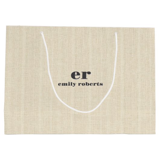 Monogramm Hellbeiger Jute Grau Typografie Große Geschenktüte (Rückseite)