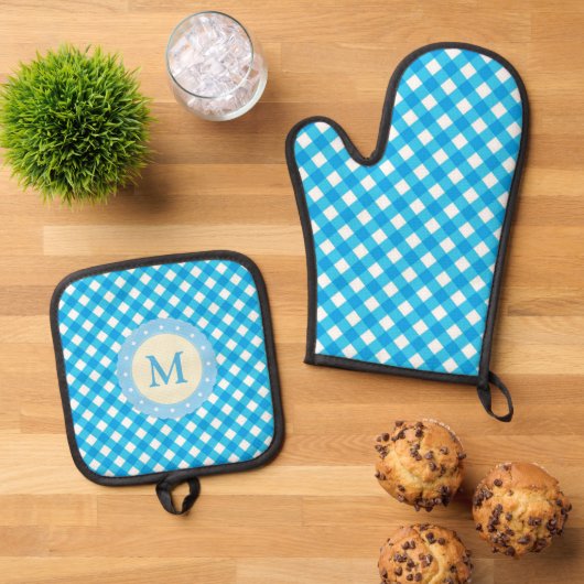 Monogramm hellblau kariert ofenhandschuh & Topflappen-Set (Oben Unten)