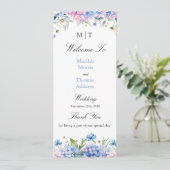 Monogramm Hellblau Rosa Hortensien Hochzeitsprogra (Stehend Vorderseite)